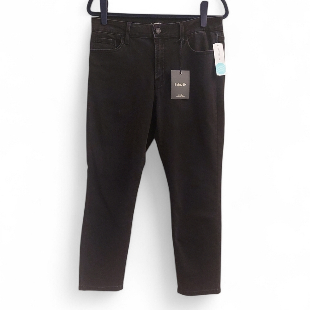 INDIGO SIX Black Mid Rise Super Stretch Five Pocket Skinny Jeans 12 NEW
